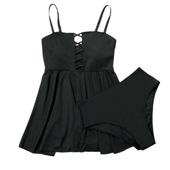 NEW Black 4XL Plus Size Swim Dress Adjustable Straps & Lace-Up Front Design - Picture 2 of 12